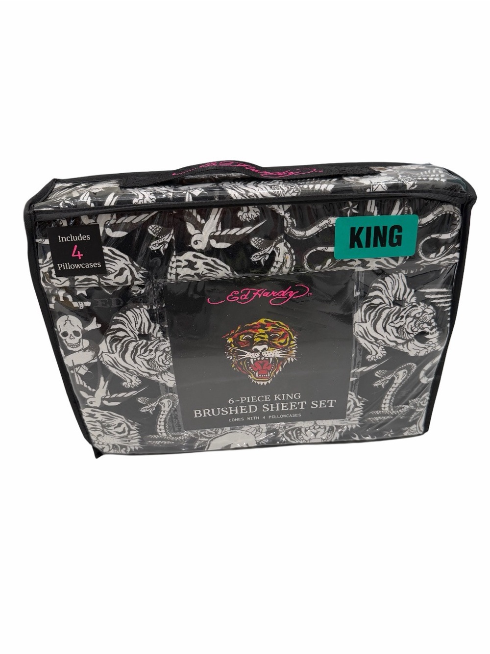 Ed Hardy Tiger Skull Snake Black White 6 Piece King Sheet Set NWT
